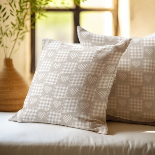 Beige Buffalo Plaid Patchwork Hearts Cushion (Creator Uploaded)