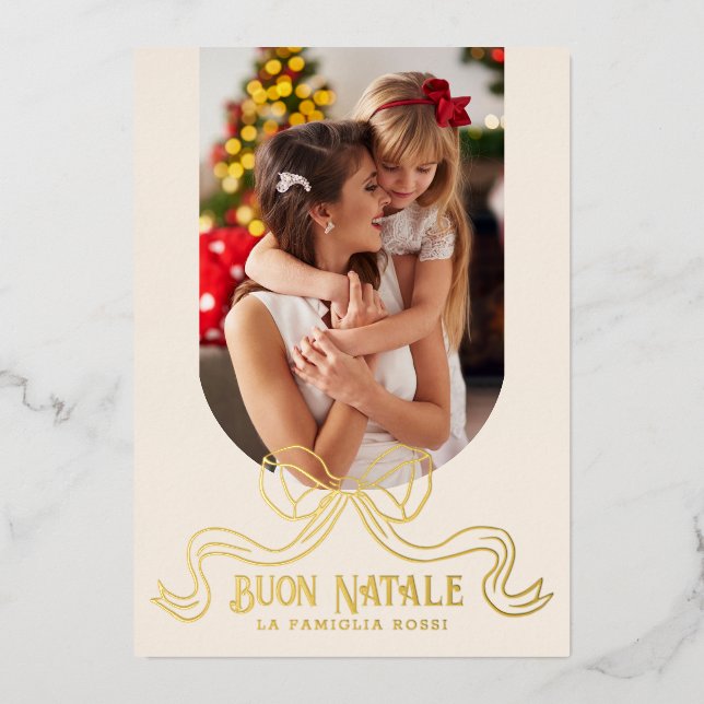 Beige Buon Natale Simple Modern Coquette Bow Photo Foil Holiday Card (Front)