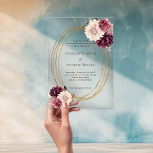 Beige burgundy ivory florals gold clear wedding acrylic invitations