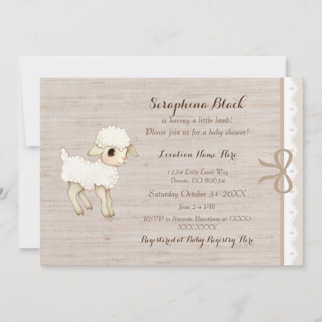 Beige Burlap Baby Sheep Little Lamb Baby Shower Invitation (Front)