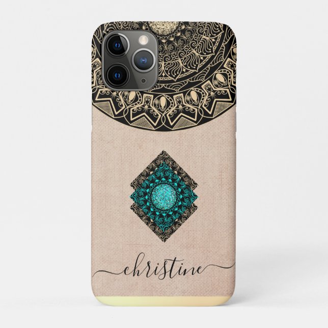 Beige burlap black gold mandala script name rustic Case-Mate iPhone case (Back)