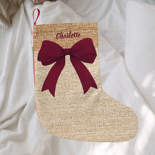 Beige burlap burgundy bow name small christmas stocking