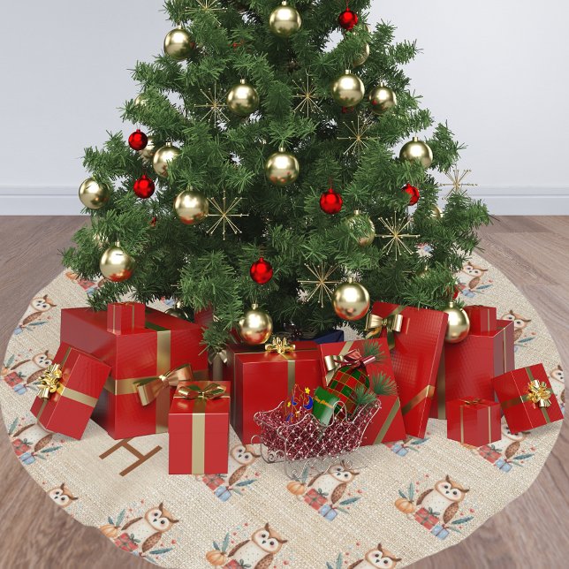 Beige burlap family monogram cute owl brushed polyester tree skirt (Creator Uploaded)