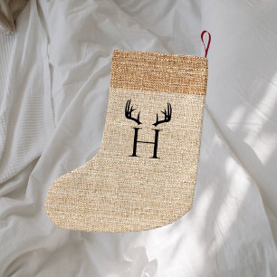 Beige burlap monogram antlers small christmas stocking