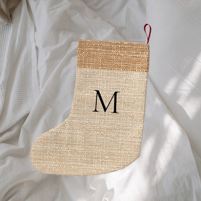 Beige burlap monogram modern small christmas stocking (Creator Uploaded)