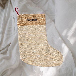 Beige burlap name modern small christmas stocking
