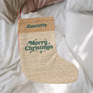 Beige burlap name retro Merry Christmas Small Christmas Stocking