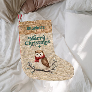 Beige burlap owl name retro Merry Christmas Small Christmas Stocking