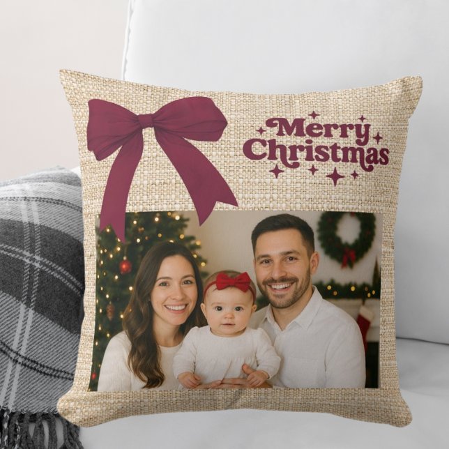 Beige burlap photo burgundy bow Christmas Cushion (Creator Uploaded)