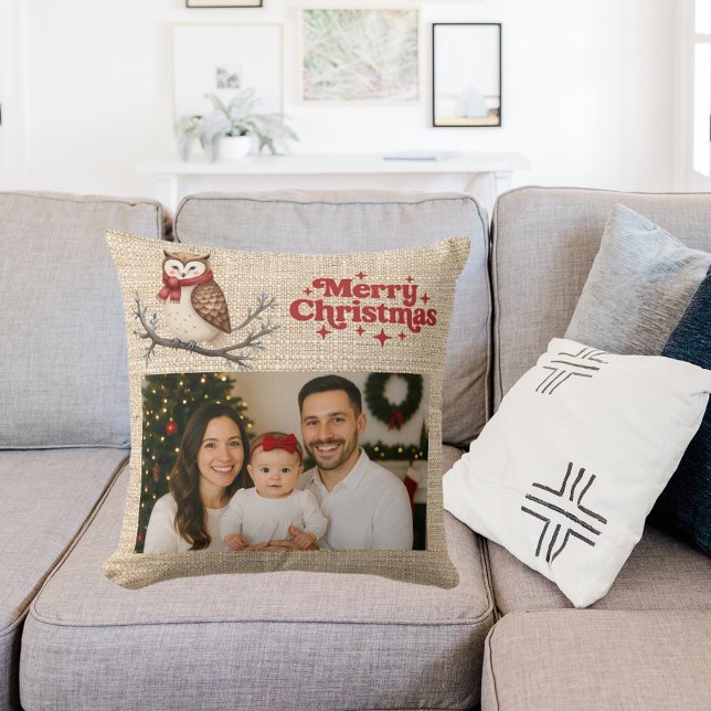 Beige burlap photo cute owl Christmas Cushion (Creator Uploaded)