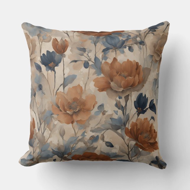 Beige Burnt Orange Dusty Navy Blue Floral Cushion (Front)