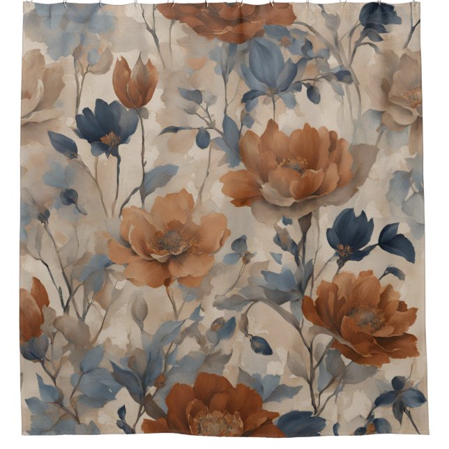 Beige Burnt Orange Dusty Navy Blue Floral Shower Curtain (Front)