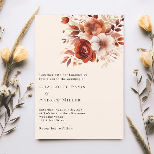 Beige burnt orange florals luxury wedding invitation