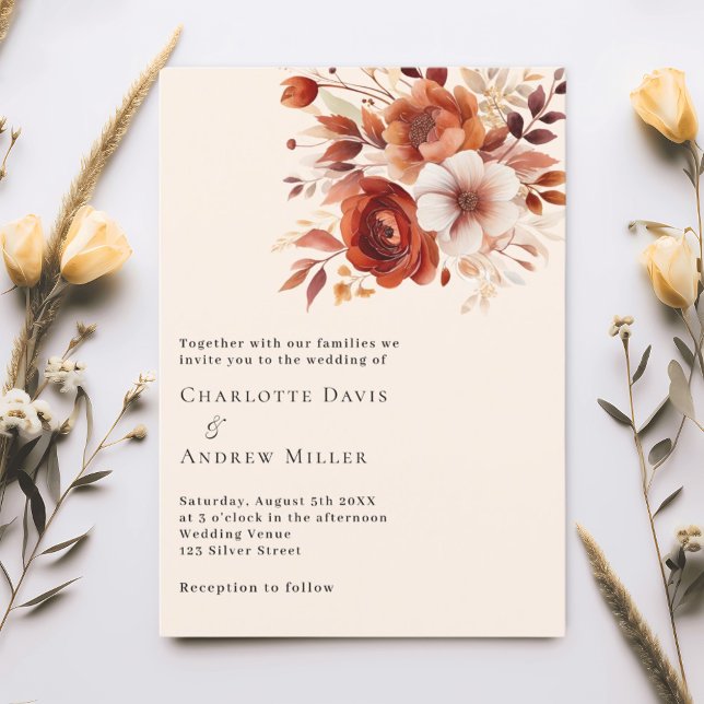 Beige burnt orange florals luxury wedding invitation (Creator Uploaded)