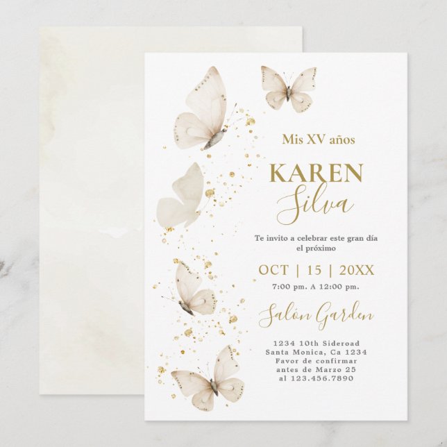 Beige Butterfly Quinceañera Invitation (Front/Back)