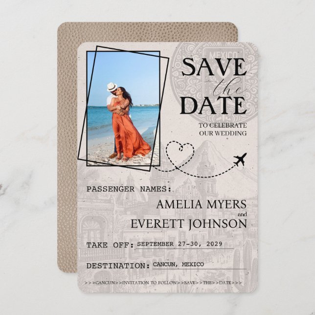 Beige Cancun Passport Save The Date (Front/Back)