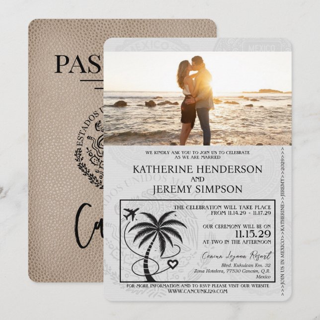 Beige Cancun Passport Wedding Invitation (Front/Back)