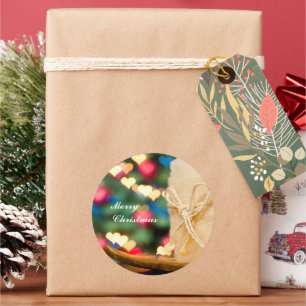 Beige candle and Colourful heart bokeh Christmas Classic Round Sticker