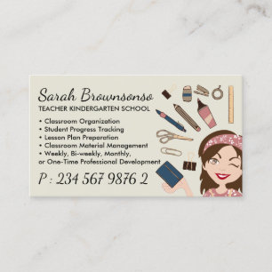 Beige Cartoon Lady Teacher School Supplies Business Card