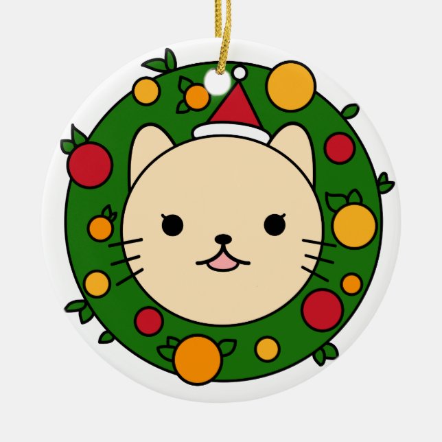 Beige Cat Christmas Wreath | Red Hat Custom Ceramic Tree Decoration (Front)