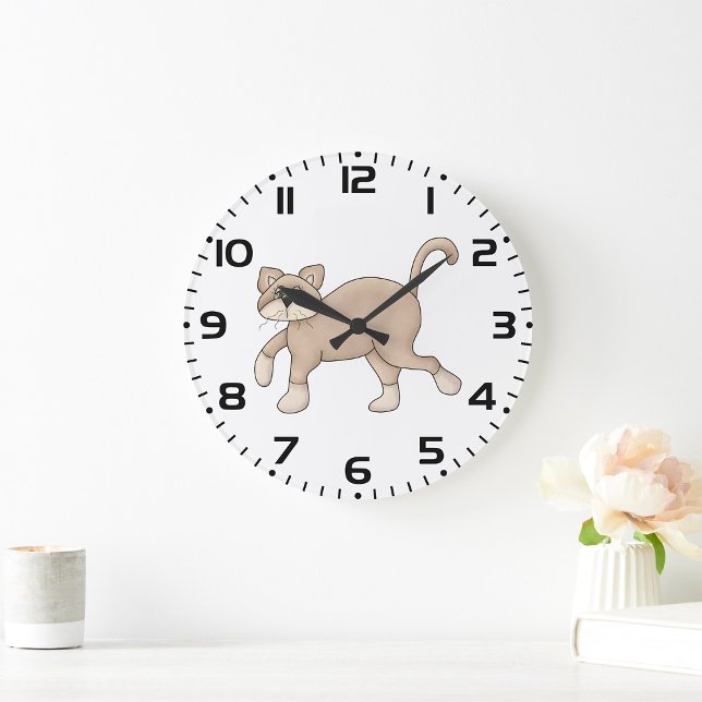 Beige Cat Drawing with Green Eyes Large Clock (Creator Uploaded)