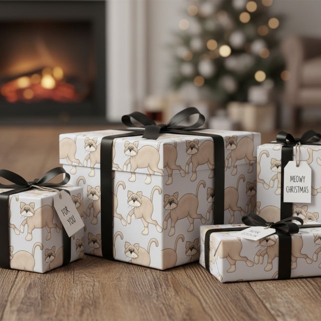 Beige Cat Drawing with Green Eyes Wrapping Paper (Creator Uploaded)