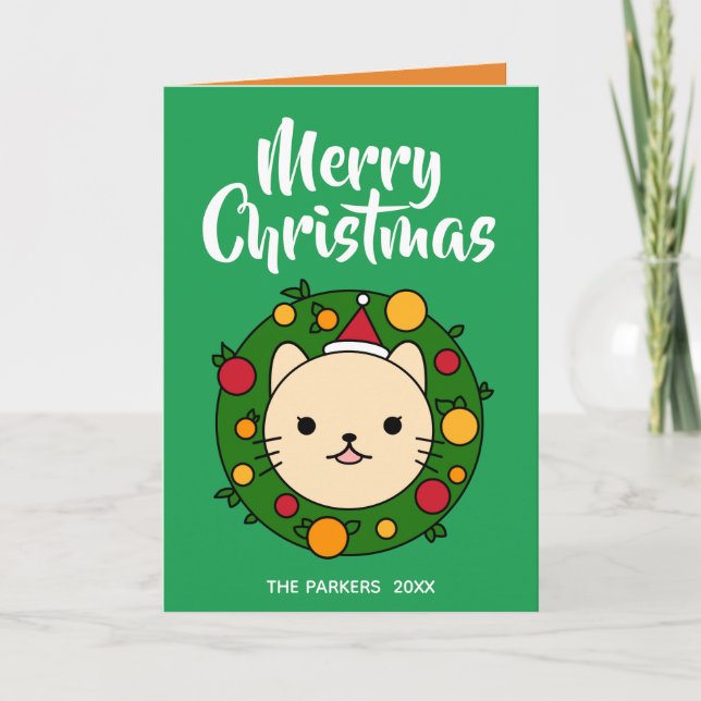 Beige Cat Wreath | Green Merry Christmas Photo Holiday Card (Front)