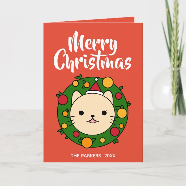 Beige Cat Wreath Red | Merry Christmas Photo Holiday Card (Front)