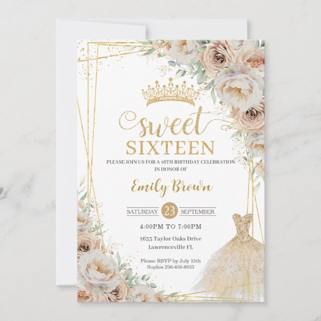 Beige Champagne Cream Gold Floral Sweet Sixteen  Invitation (Front)