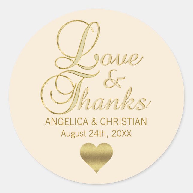 Beige Champagne Wedding Love & Thanks Classic Round Sticker (Front)