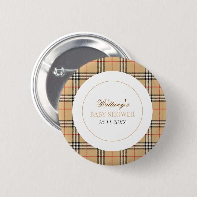 Beige Check Designer Plaid Baby Shower  6 Cm Round Badge (Front & Back)