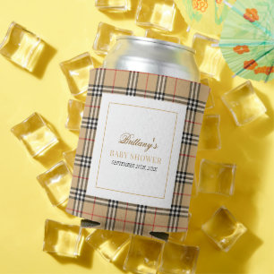 Beige Check Designer Plaid Baby Shower Can Cooler
