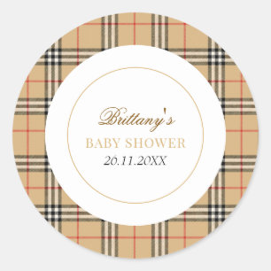 Beige Check Designer Plaid Baby Shower  Classic Round Sticker