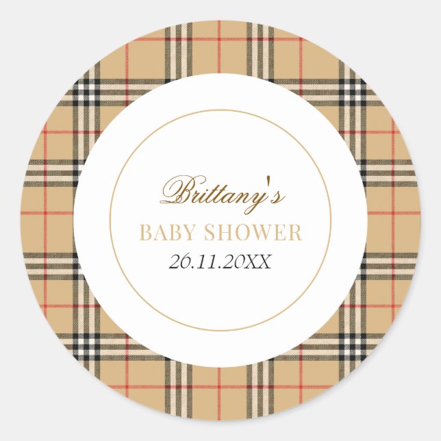 Beige Check Designer Plaid Baby Shower  Classic Round Sticker (Front)