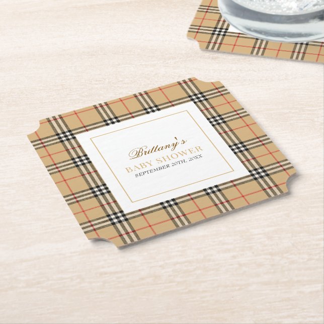 Beige Check Plaid Baby Shower  Paper Coaster (Angled)