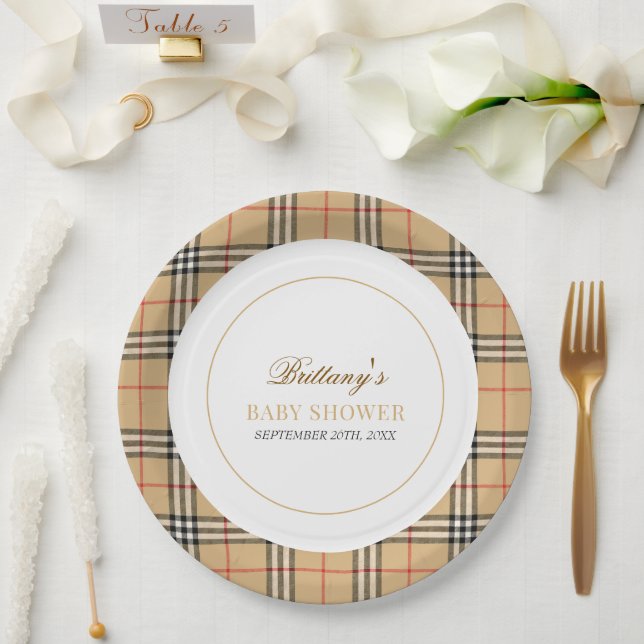 Beige Check Plaid Baby Shower  Paper Plate (Wedding)