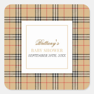 Beige Check Plaid Baby Shower  Square Sticker