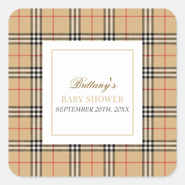 Beige Check Plaid Baby Shower  Square Sticker (Front)
