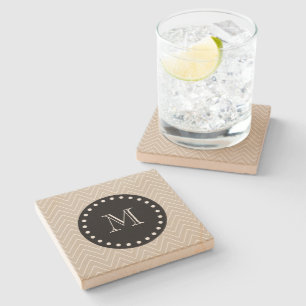 Beige Chevron Pattern   Black Monogram Stone Coaster