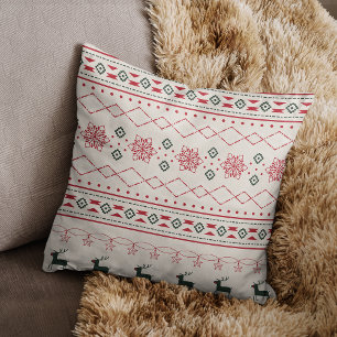 Beige Christmas Pattern Reindeer Snowflakes Cushion