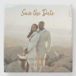 BEIGE CLASSIC ELEGANT COUPLE ADD QR SAVE THE DATE STONE COASTER