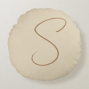 Beige Classical Handwritten Initial Monogram Round Cushion
