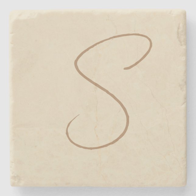 Beige Classical Handwritten Initial Monogram Stone Coaster (Front)