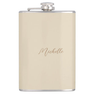 Beige Classical Professional Handwritten Name Hip Flask