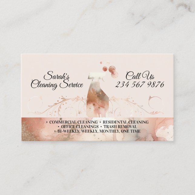 Beige Classy Maid Cleaning Services Watercolor Business Card (Front)