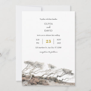 Beige Coastal Windswept Trees View Beach Wedding  Invitation