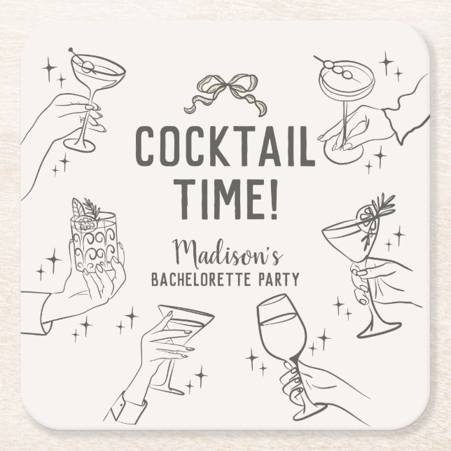 Beige Cocktail Party Retro Bachelorette Party Square Paper Coaster (Front)