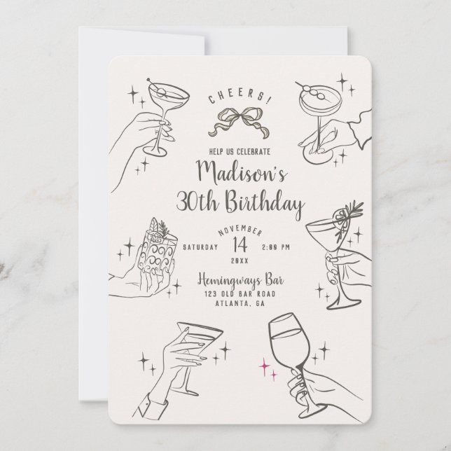Beige Cocktail Party Retro Birthday Party Invite (Front)