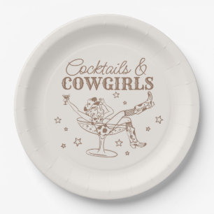 Beige Cocktails and Cowgirls Birthday Bachelorette Paper Plate