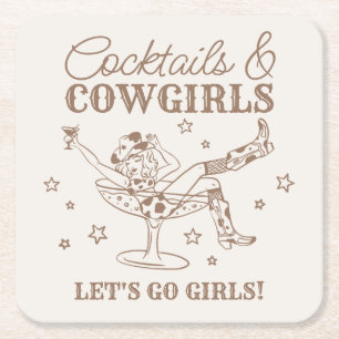 Beige Cocktails and Cowgirls Rodeo Bachelorette Square Paper Coaster
